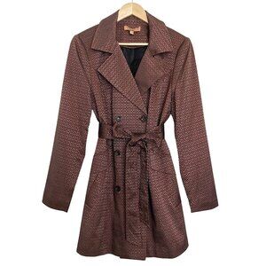ELLEN TRACY Metallic Brocade Belt Double Breasted Trench Coat Copper Brown